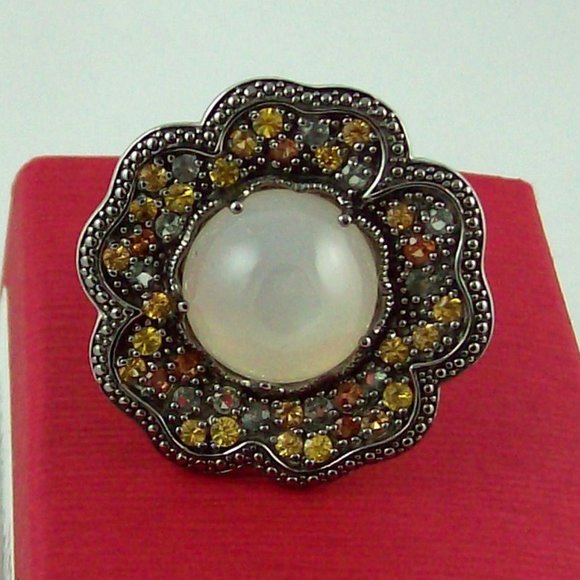 Sima K Moonstone and Sapphire Sterling Flower Ring - Picture 6 of 9